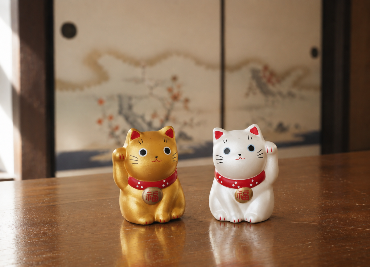 Mini Japanese Lucky Cat Pair – Gold & Silver Maneki Neko | Yakushigama