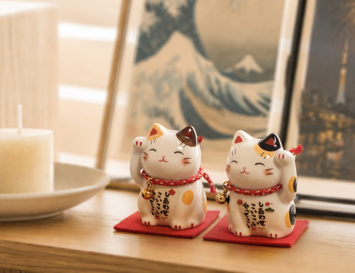 Japanese Lucky Cat Pair – Brown Calico & Calico Maneki Neko | Yakushigama