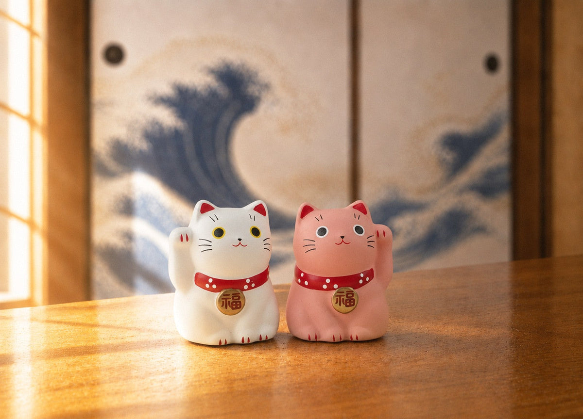 Mini Japanese Lucky Cat Pair – White & Pink Maneki Neko | Yakushigama