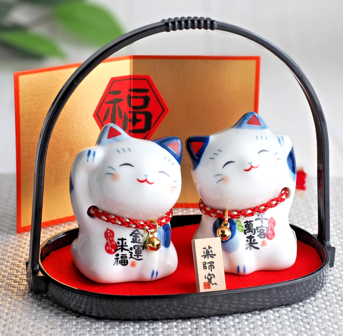 Blue & White Lucky Cat Pair (Maneki Neko) – Inviting Prosperity & Welcoming People | Yakushigama