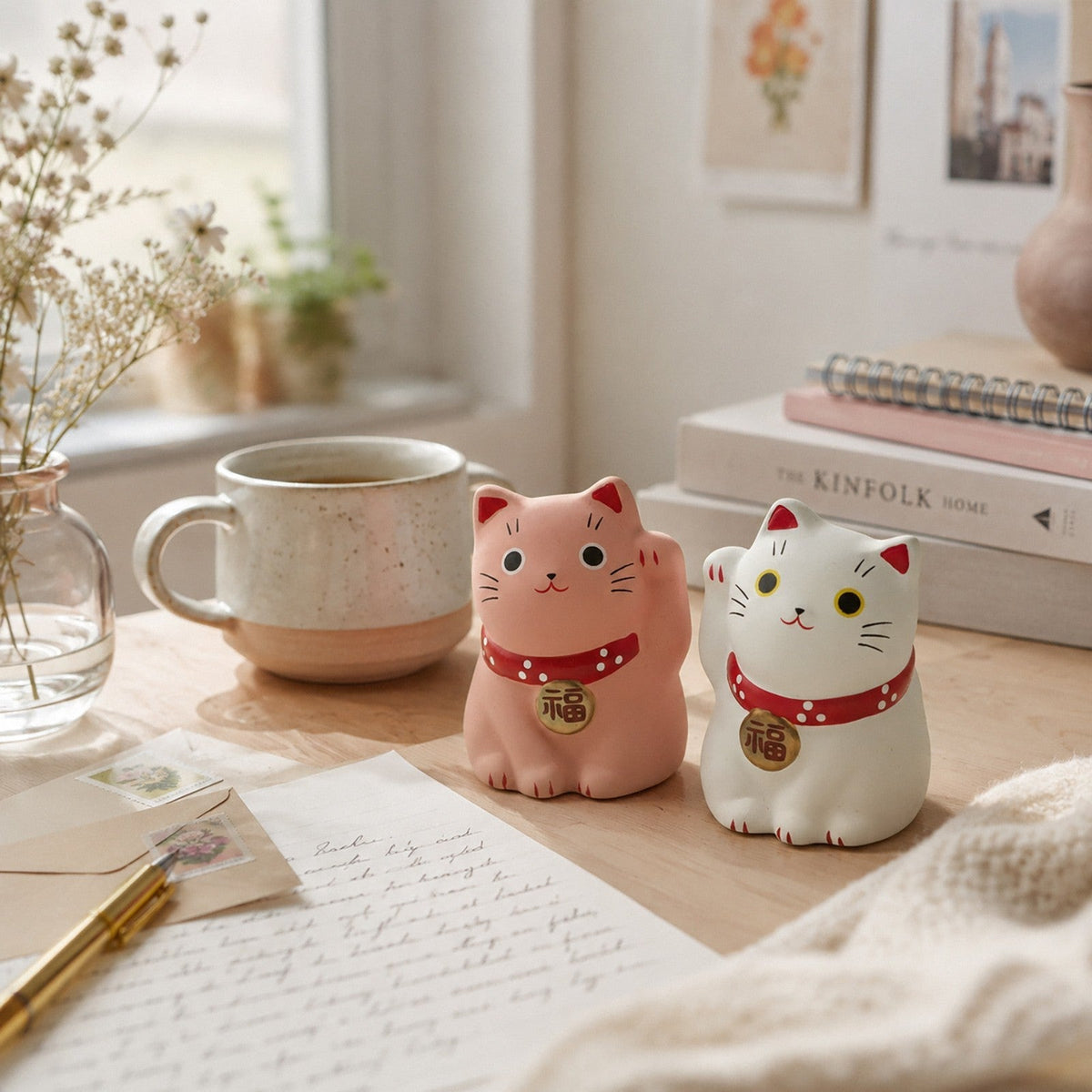 Mini Japanese Lucky Cat Pair – White & Pink Maneki Neko | Yakushigama