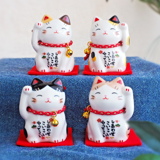 Set of 4 Japanese Lucky Cats โ Calico, Brown Calico, Tuxedo & Orange Tabby | Yakushigama