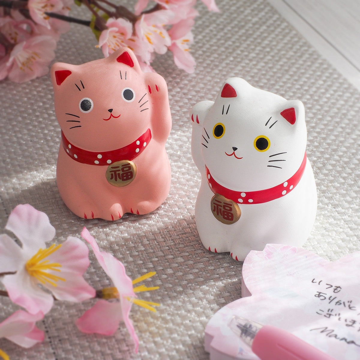 Mini Japanese Lucky Cat Pair – White & Pink Maneki Neko | Yakushigama