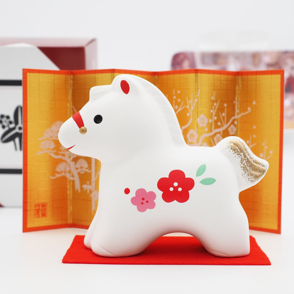 Red Plum Horse Zodiac Figurine with Display Screen | Yakushigama 2026 Zodiac