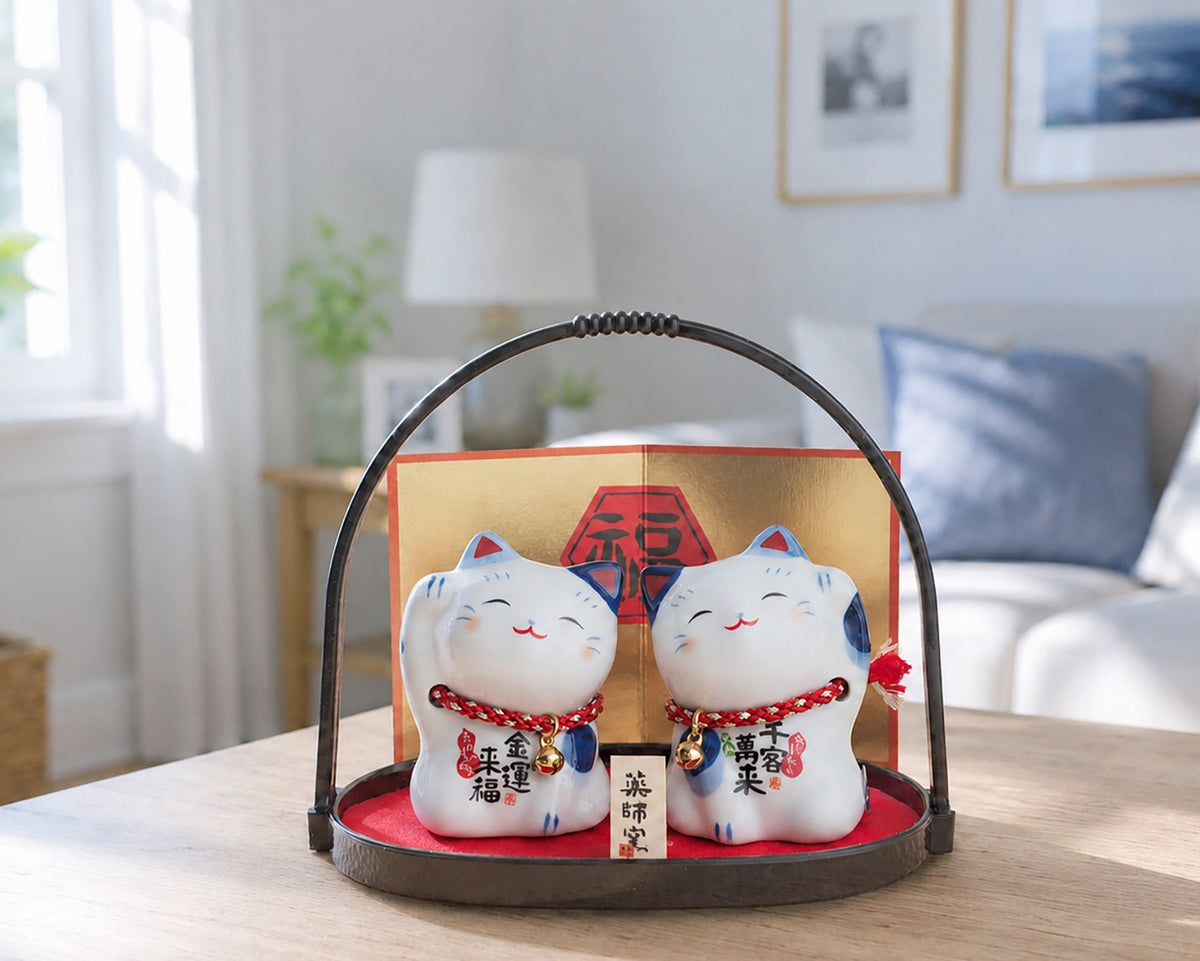 Blue & White Lucky Cat Pair (Maneki Neko) – Inviting Prosperity & Welcoming People | Yakushigama