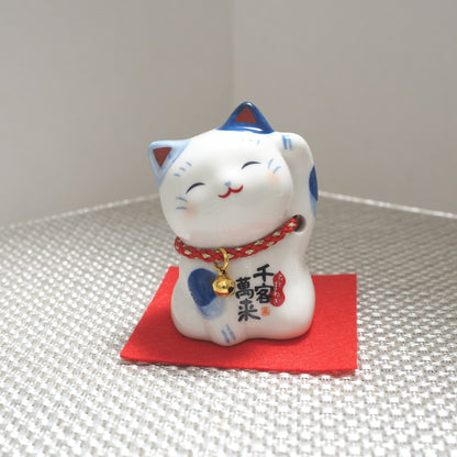 Blue & White Japanese Maneki Neko – Left Paw Raised to Invite People | Yakushigama