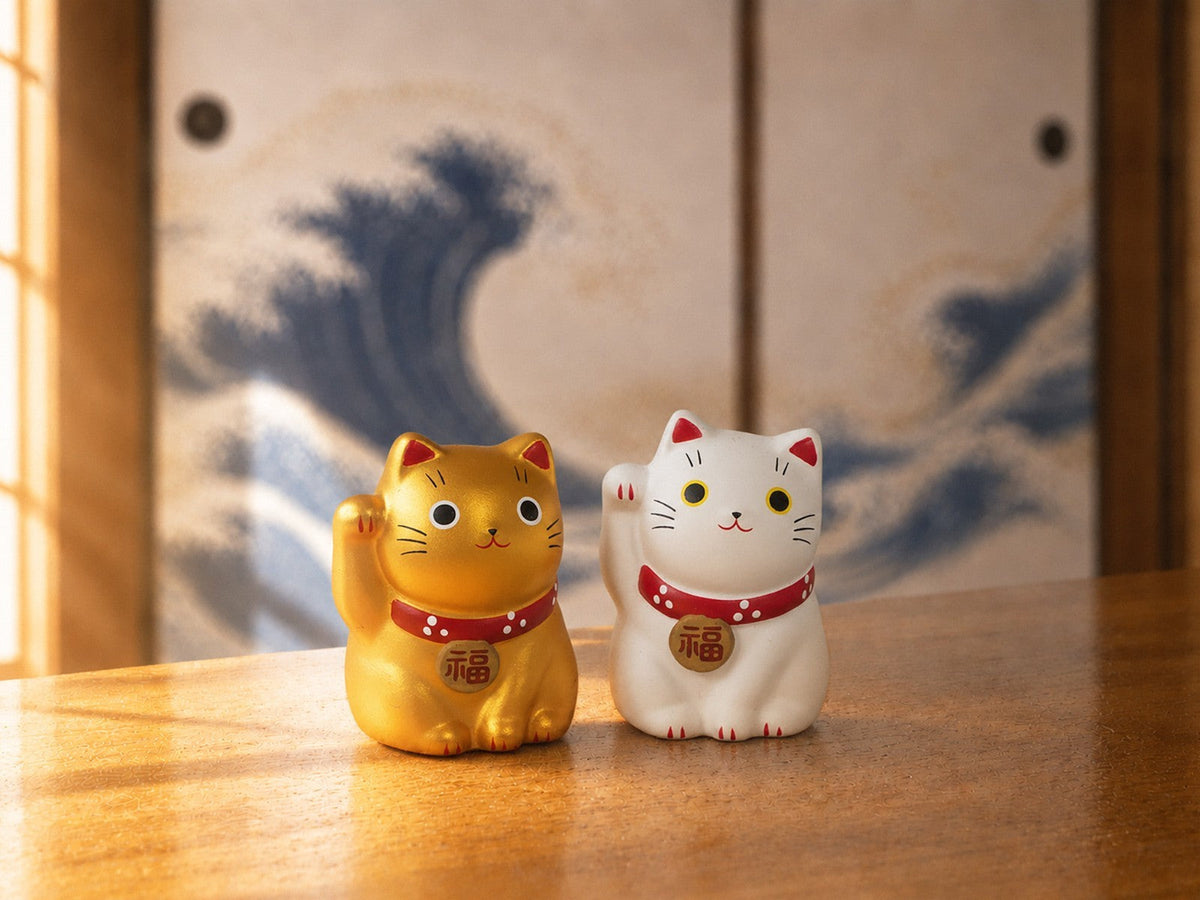 Mini Japanese Lucky Cat Pair – White & Gold Maneki Neko | Yakushigama