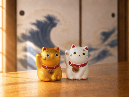 Mini Japanese Lucky Cat Pair – White & Gold Maneki Neko | Yakushigama