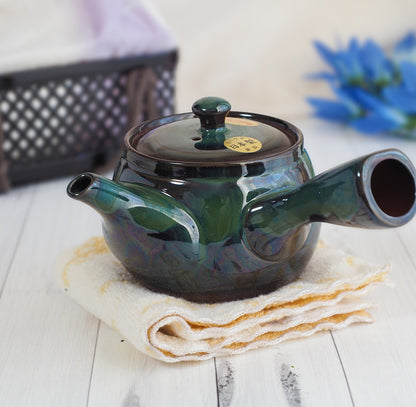 Japanese Tokoname Ware Kyusu Pottery Teapot 'Green-Blue Glaze' 380ml Made in Japan, Aichi