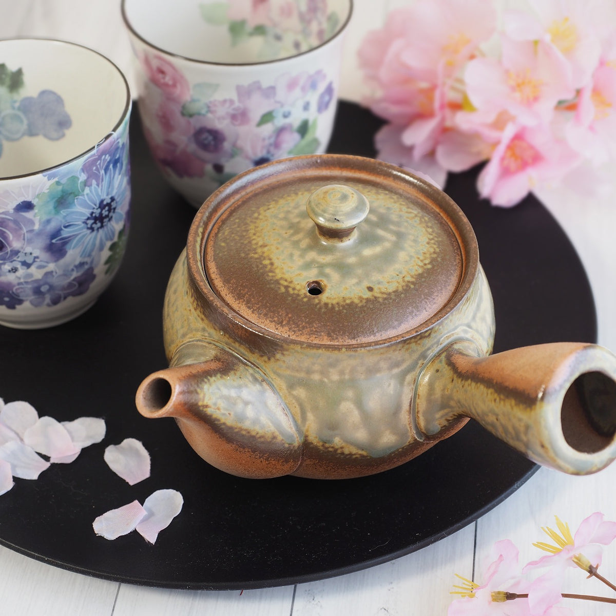 Japanese Tokoname Ware Kyusu Teapot  Rustic Green Brown Ceramesh 350ml Made in Japan, Aichi