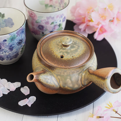 Japanese Tokoname Ware Kyusu Teapot  Rustic Green Brown Ceramesh 350ml Made in Japan, Aichi