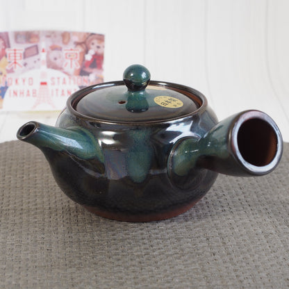Japanese Tokoname Ware Kyusu Pottery Teapot 'Green-Blue Glaze' 380ml Made in Japan, Aichi