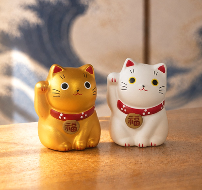 Mini Japanese Lucky Cat Pair – White & Gold Maneki Neko | Yakushigama