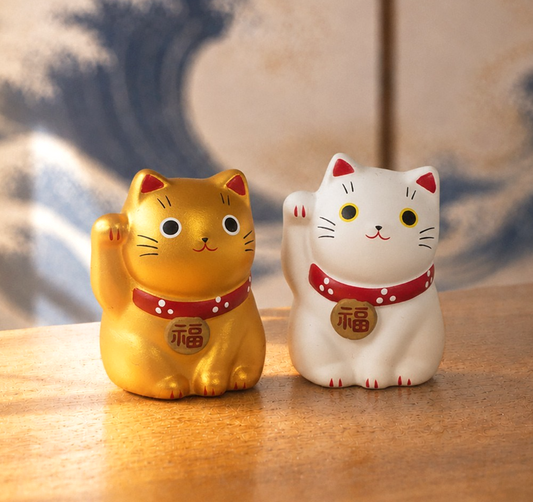 Mini Japanese Lucky Cat Pair – White & Gold Maneki Neko | Yakushigama