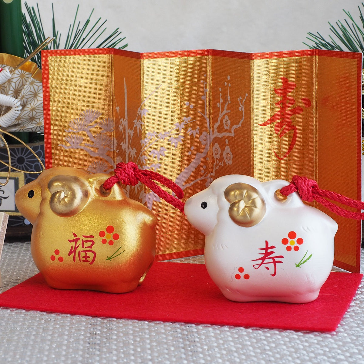 Gold and White Sheep Zodiac Clay Bell Pair | Yakushigama 2027