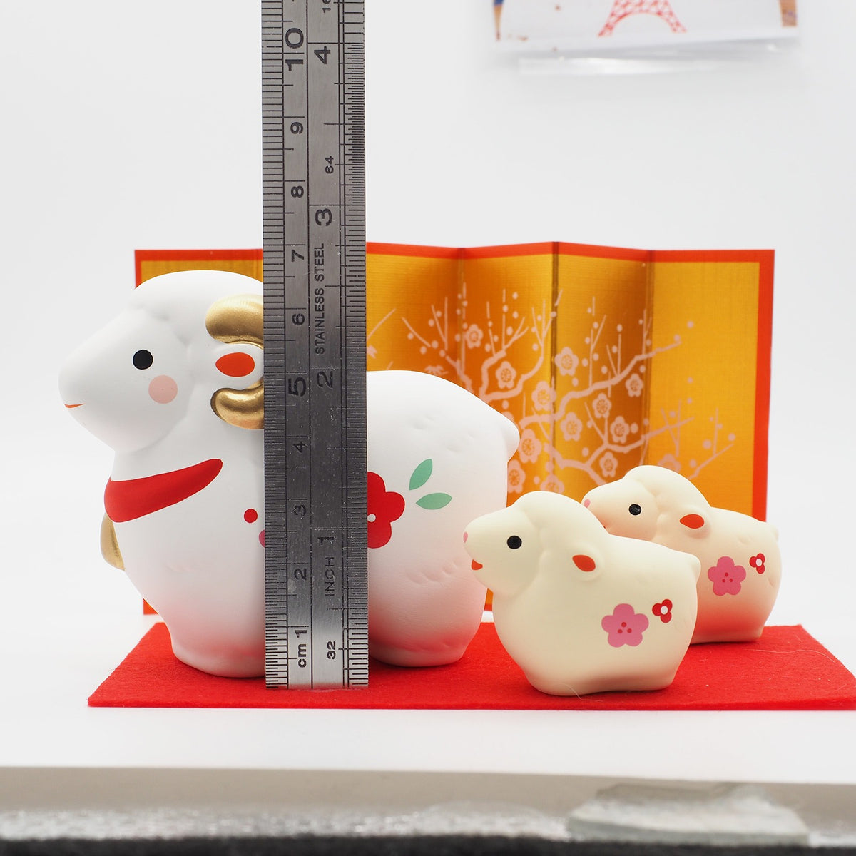 Parent Sheep and Two Lambs Zodiac Figurine Set with Plum Blossoms | Yakushigama 2027