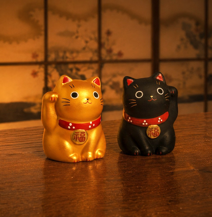 Mini Japanese Lucky Cat Pair – Black & Gold Maneki Neko | Yakushigama