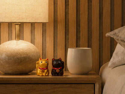 Mini Japanese Lucky Cat Pair – Black & Gold Maneki Neko | Yakushigama