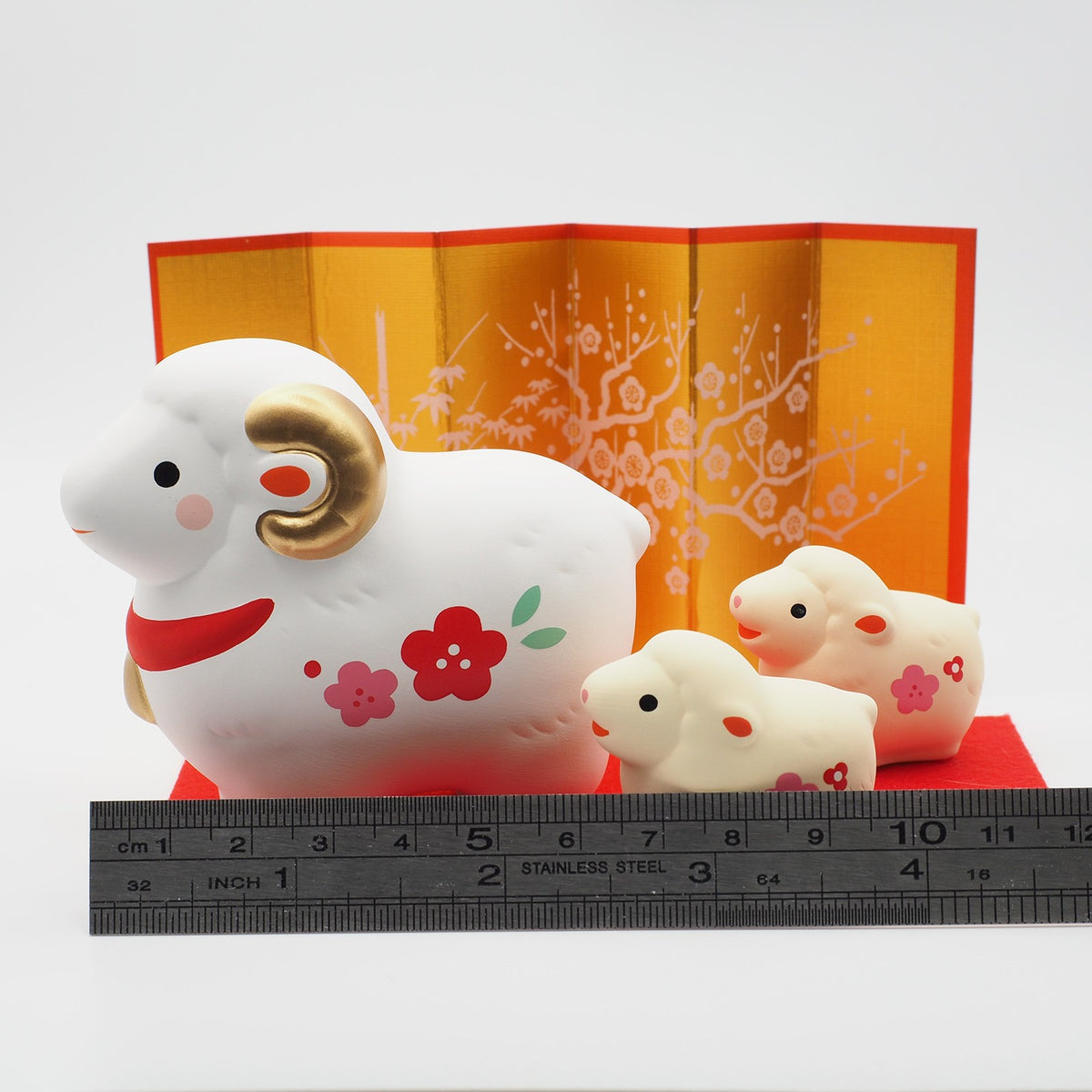 Parent Sheep and Two Lambs Zodiac Figurine Set with Plum Blossoms | Yakushigama 2027