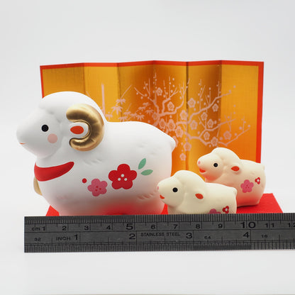 Parent Sheep and Two Lambs Zodiac Figurine Set with Plum Blossoms | Yakushigama 2027
