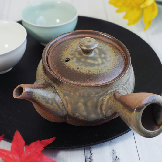 Japanese Tokoname Ware Kyusu Teapot  Rustic Green Brown Ceramesh 350ml Made in Japan, Aichi
