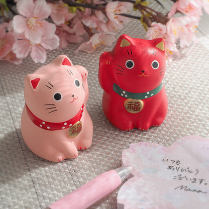 Mini Japanese Lucky Cat Pair – Red & Pink Maneki Neko | Yakushigama