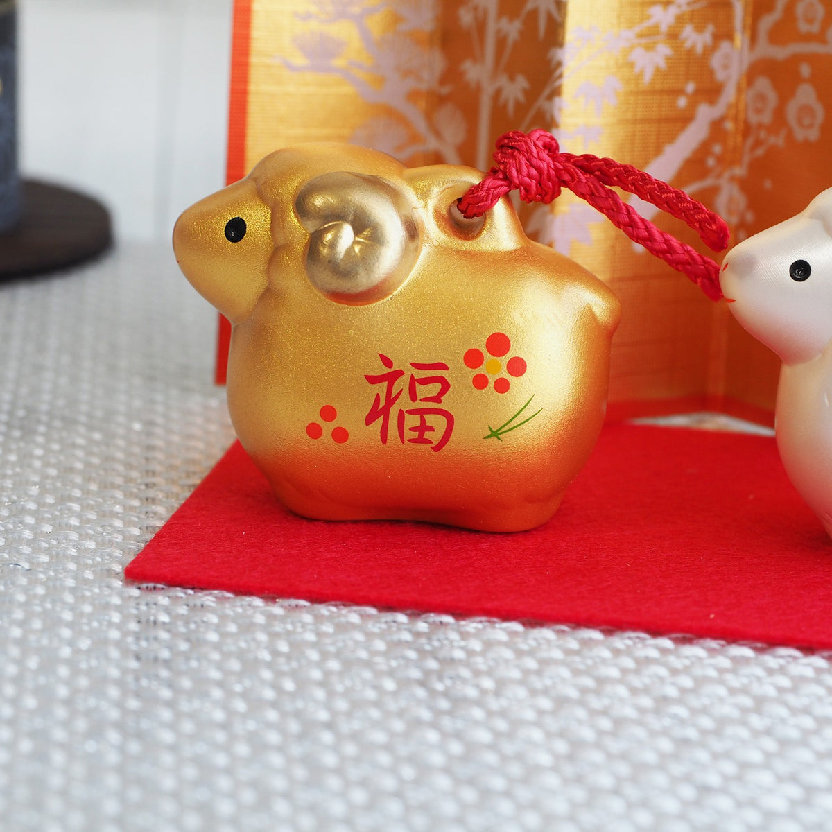 Gold and White Sheep Zodiac Clay Bell Pair | Yakushigama 2027