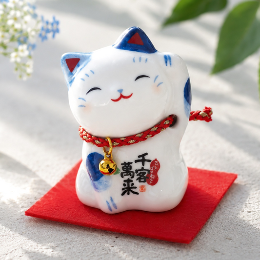 Blue & White Japanese Maneki Neko – Left Paw Raised to Invite People | Yakushigama