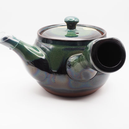 Japanese Tokoname Ware Kyusu Pottery Teapot 'Green-Blue Glaze' 380ml Made in Japan, Aichi