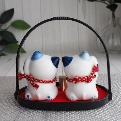 Blue & White Lucky Cat Pair (Maneki Neko) – Inviting Prosperity & Welcoming People | Yakushigama