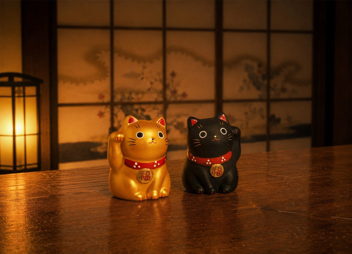 Mini Japanese Lucky Cat Pair – Black & Gold Maneki Neko | Yakushigama