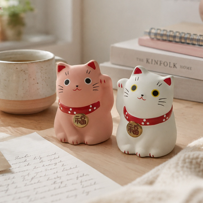 Mini Japanese Lucky Cat Pair – White & Pink Maneki Neko | Yakushigama