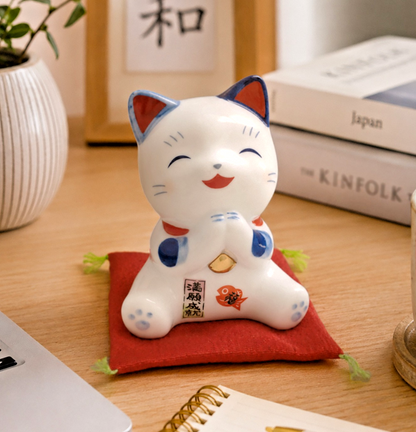Blue & White Lucky Cat Figurine – Smiling Maneki Neko in a Wishing Pose | Yakushigama