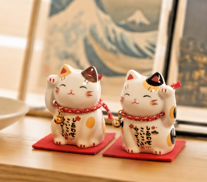 Japanese Lucky Cat Pair – Brown Calico & Calico Maneki Neko | Yakushigama