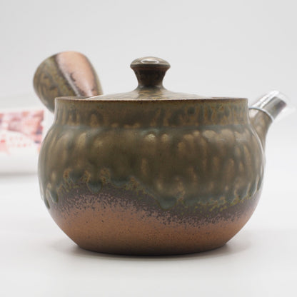 Japanese Tokoname Ware Kyusu Teapot  Rustic Green Brown Ceramesh 350ml Made in Japan, Aichi