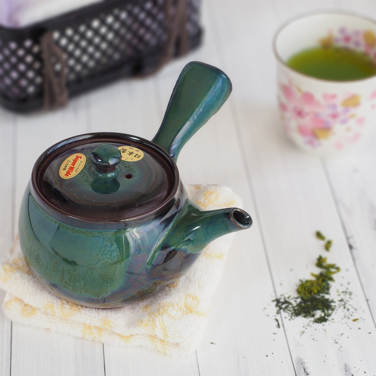 Japanese Tokoname Ware Kyusu Pottery Teapot 'Green-Blue Glaze' 380ml Made in Japan, Aichi