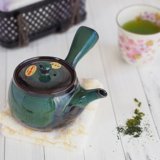 Japanese Tokoname Ware Kyusu Pottery Teapot 'Green-Blue Glaze' 380ml Made in Japan, Aichi