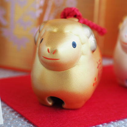 Gold and White Sheep Zodiac Clay Bell Pair | Yakushigama 2027