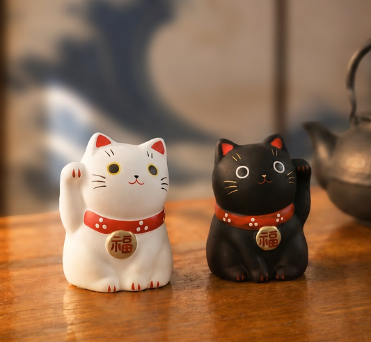 Mini Japanese Lucky Cat Pair – White & Black Maneki Neko | Yakushigama