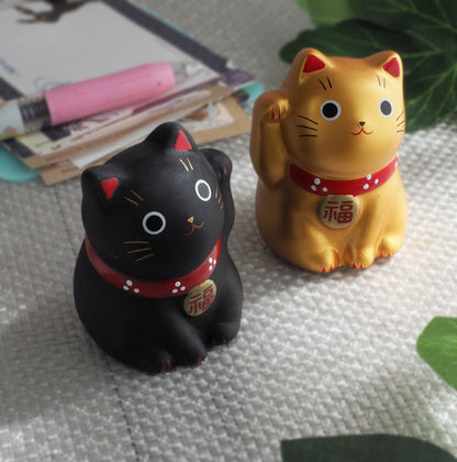 Mini Japanese Lucky Cat Pair – Black & Gold Maneki Neko | Yakushigama