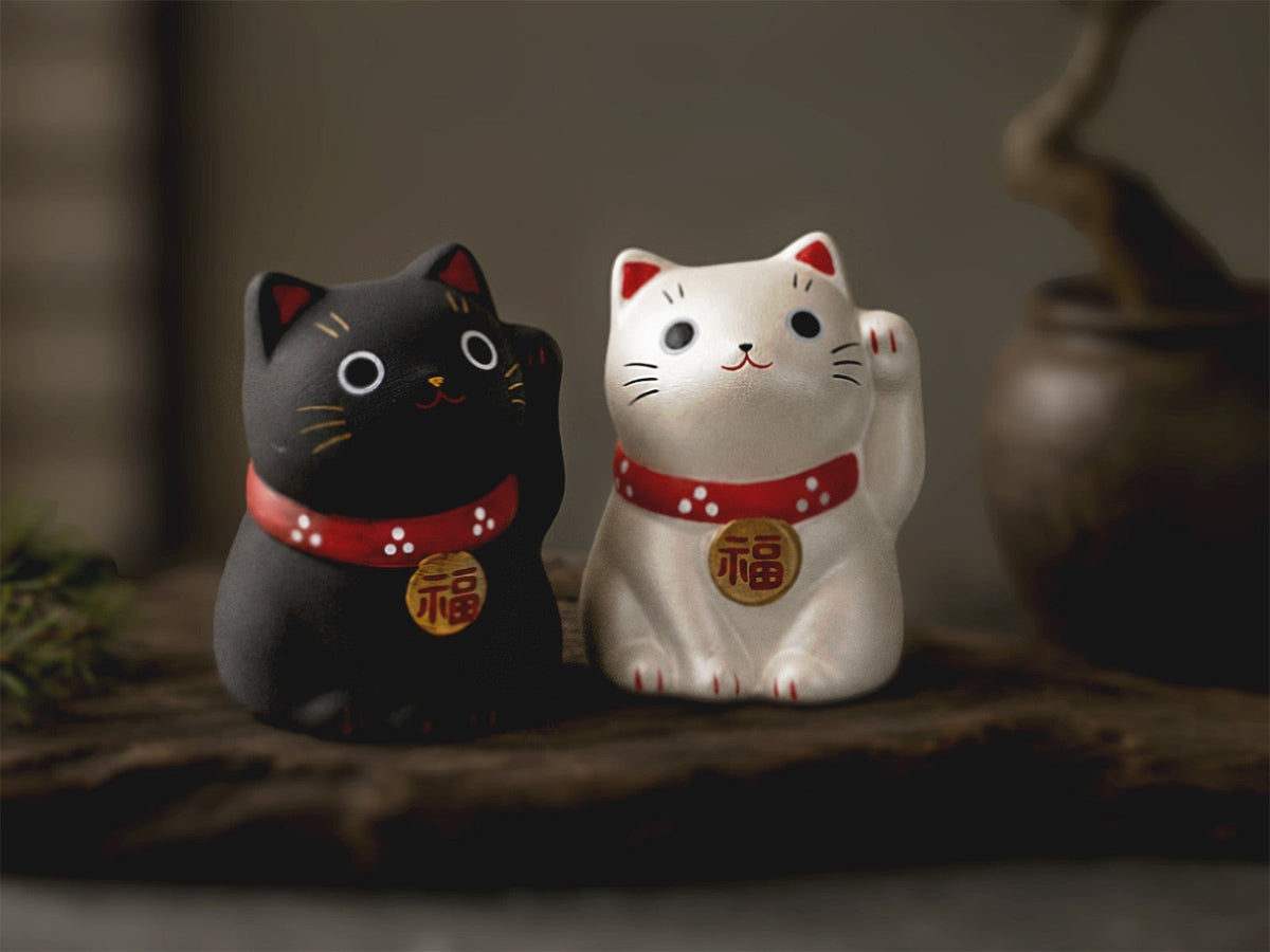 Mini Japanese Lucky Cat Pair – Black & Silver Maneki Neko | Yakushigama