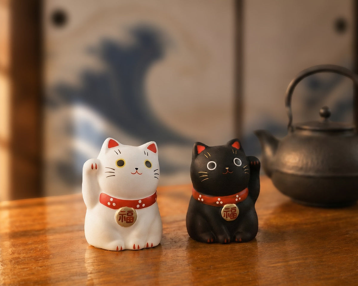 Mini Japanese Lucky Cat Pair – White & Black Maneki Neko | Yakushigama