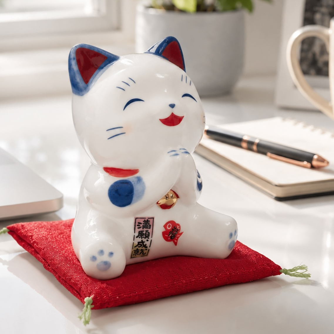 Blue & White Lucky Cat Figurine – Smiling Maneki Neko in a Wishing Pose | Yakushigama