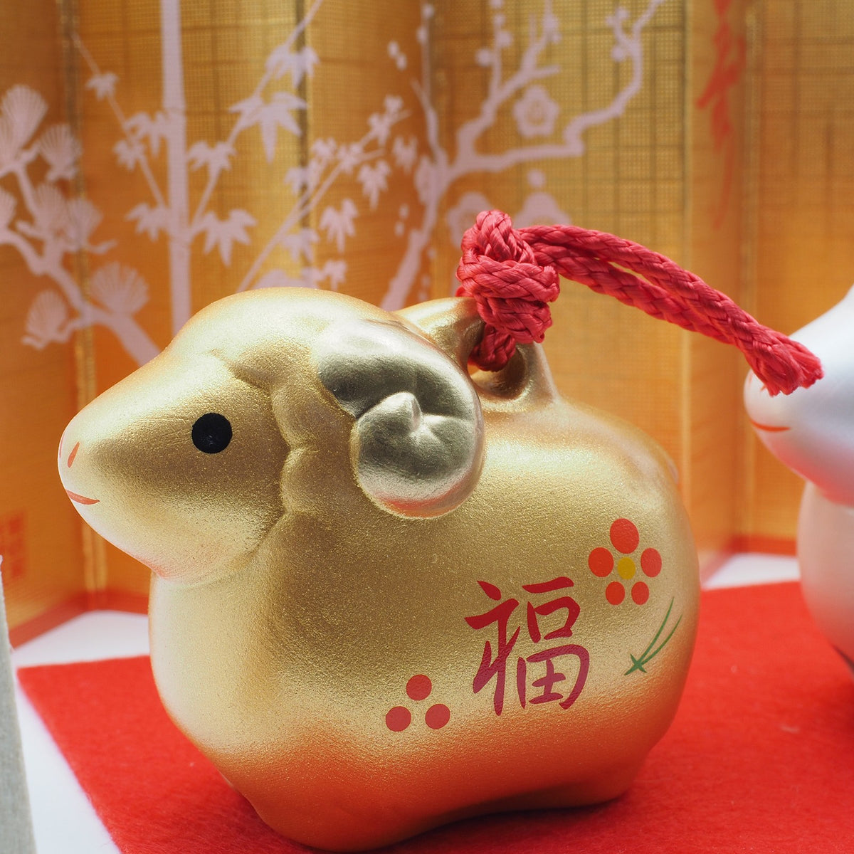 Gold and White Sheep Zodiac Clay Bell Pair | Yakushigama 2027