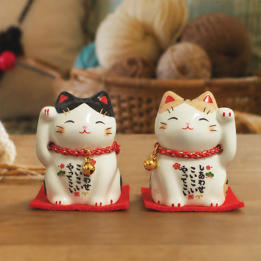 Japanese Lucky Cat Pair – Tuxedo & Orange Tabby Maneki Neko | Yakushigama
