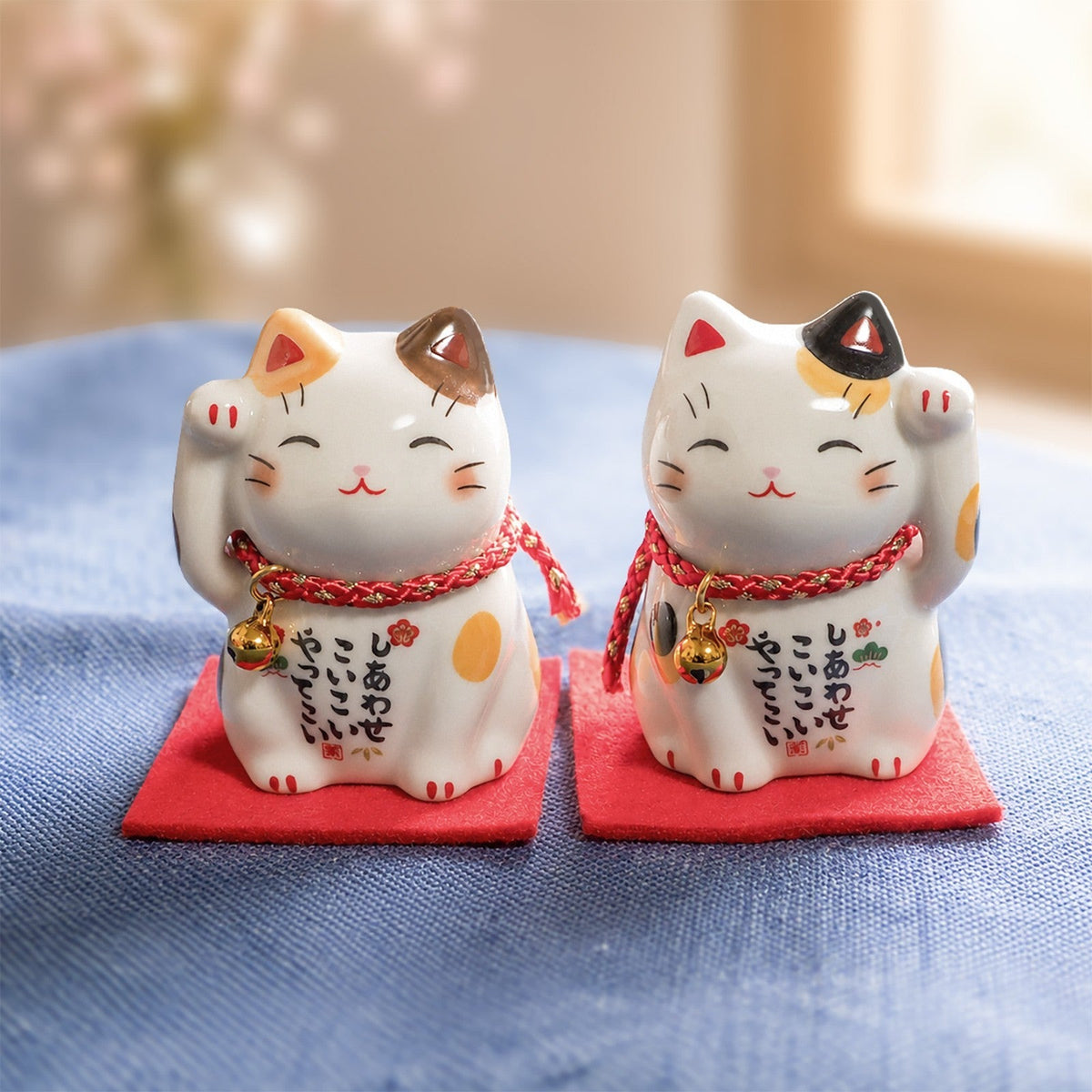 Japanese Lucky Cat Pair – Brown Calico & Calico Maneki Neko | Yakushigama