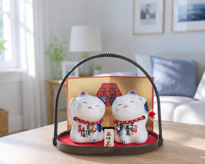 Blue & White Lucky Cat Pair (Maneki Neko) – Inviting Prosperity & Welcoming People | Yakushigama