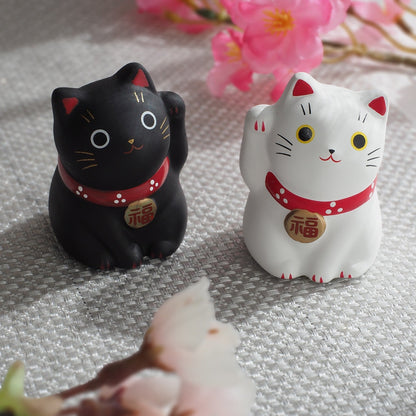 Mini Japanese Lucky Cat Pair – White & Black Maneki Neko | Yakushigama