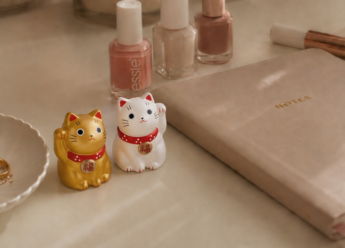 Mini Japanese Lucky Cat Pair – Gold & Silver Maneki Neko | Yakushigama