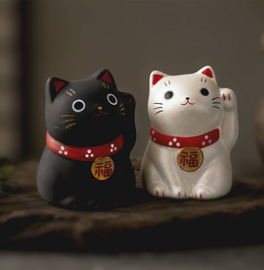 Mini Japanese Lucky Cat Pair – Black & Silver Maneki Neko | Yakushigama
